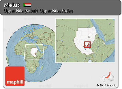 Savanna Style Location Map of Melut, highlighted country, highlighted parent region, within the entire country, hill shading