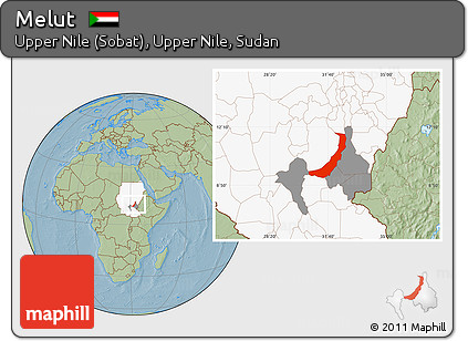 Savanna Style Location Map of Melut, highlighted country, highlighted parent region, hill shading