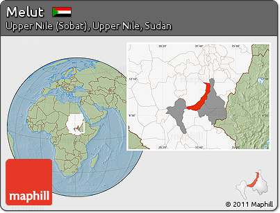 Savanna Style Location Map of Melut, highlighted country, highlighted parent region, hill shading