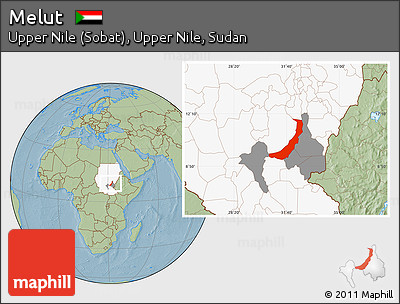 Savanna Style Location Map of Melut, highlighted country, highlighted parent region, hill shading