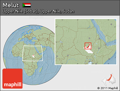 Savanna Style Location Map of Melut, highlighted grandparent region, within the entire country, hill shading