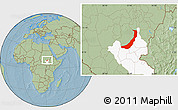 Savanna Style Location Map of Melut, highlighted grandparent region, hill shading