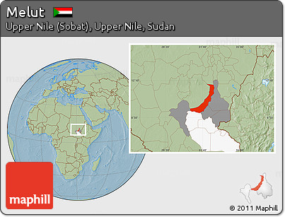 Savanna Style Location Map of Melut, highlighted parent region, highlighted grandparent region, hill shading