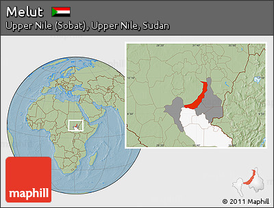 Savanna Style Location Map of Melut, highlighted parent region, highlighted grandparent region, hill shading