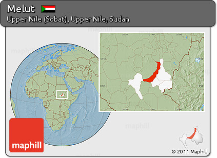 Savanna Style Location Map of Melut, highlighted parent region, hill shading
