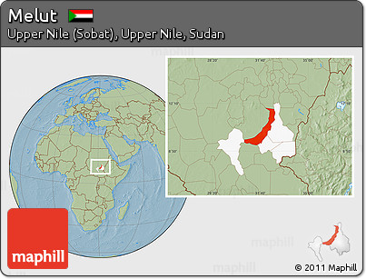 Savanna Style Location Map of Melut, highlighted parent region, hill shading