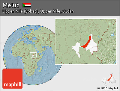 Savanna Style Location Map of Melut, highlighted parent region, hill shading