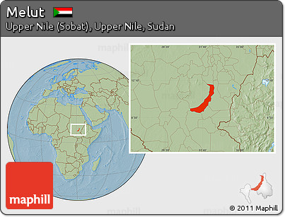 Savanna Style Location Map of Melut, hill shading