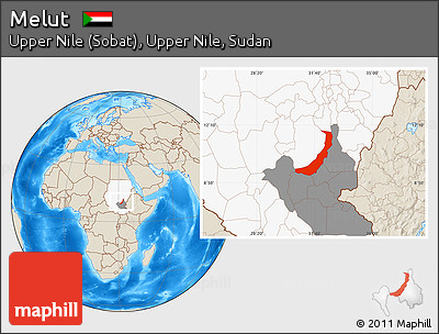 Shaded Relief Location Map of Melut, highlighted country, highlighted grandparent region