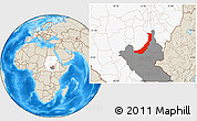 Shaded Relief Location Map of Melut, highlighted country, highlighted grandparent region
