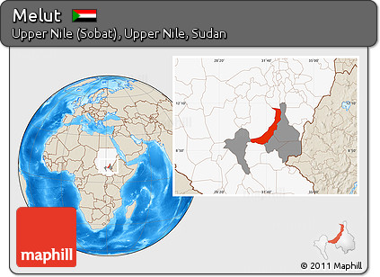 Shaded Relief Location Map of Melut, highlighted country, highlighted parent region