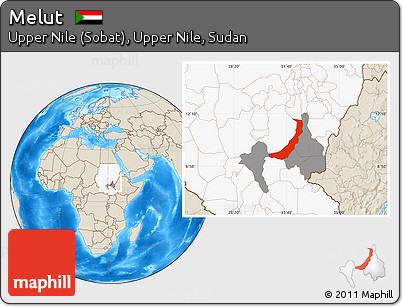 Shaded Relief Location Map of Melut, highlighted country, highlighted parent region