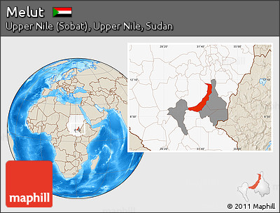 Shaded Relief Location Map of Melut, highlighted country, highlighted parent region