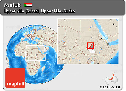 Shaded Relief Location Map of Melut, highlighted parent region, highlighted grandparent region, within the entire country