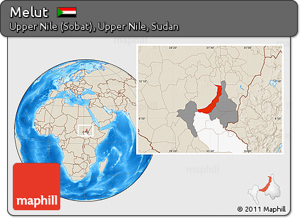 Shaded Relief Location Map of Melut, highlighted parent region, highlighted grandparent region