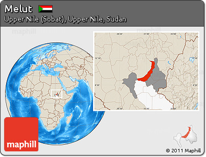 Shaded Relief Location Map of Melut, highlighted parent region, highlighted grandparent region