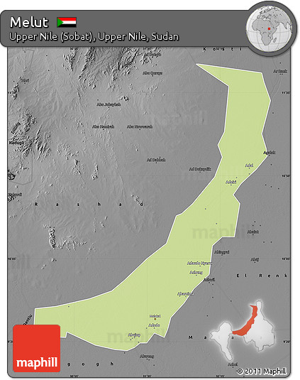 Physical Map of Melut, darken, desaturated