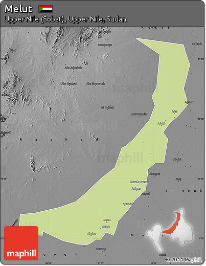 Physical Map of Melut, darken, desaturated