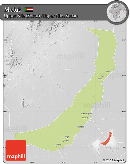 Physical Map of Melut, lighten, desaturated