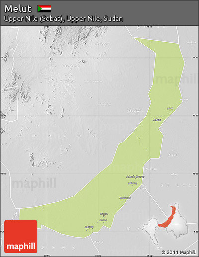 Physical Map of Melut, lighten, desaturated