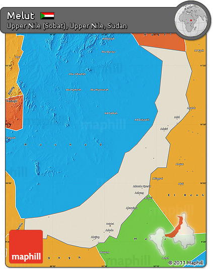 Shaded Relief Map of Melut, political outside