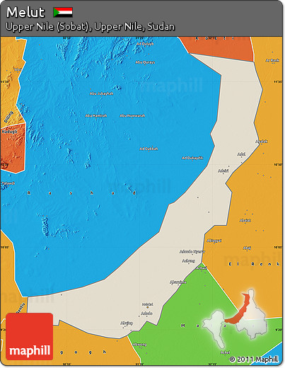 Shaded Relief Map of Melut, political outside