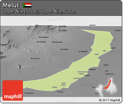 Physical Panoramic Map of Melut, darken, desaturated