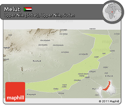 Physical Panoramic Map of Melut, semi-desaturated