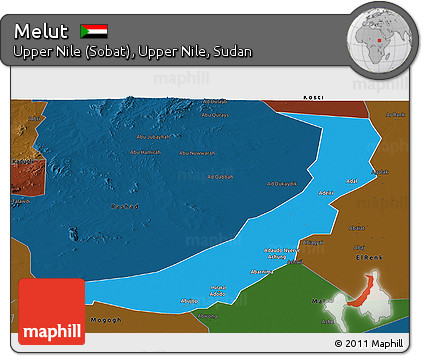 Political Panoramic Map of Melut, darken