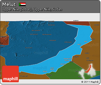 Political Panoramic Map of Melut, darken
