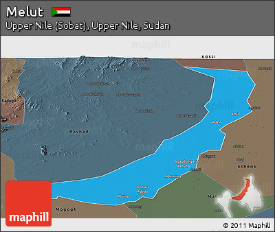 Political Panoramic Map of Melut, darken, semi-desaturated