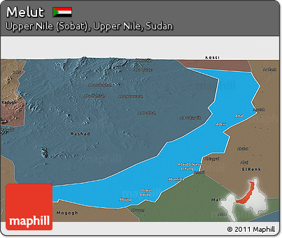 Political Panoramic Map of Melut, darken, semi-desaturated