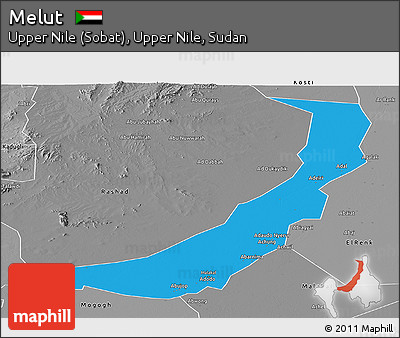 Political Panoramic Map of Melut, desaturated