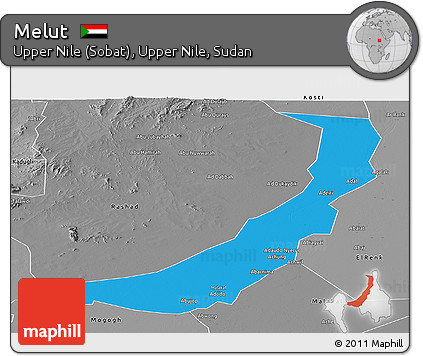 Political Panoramic Map of Melut, desaturated