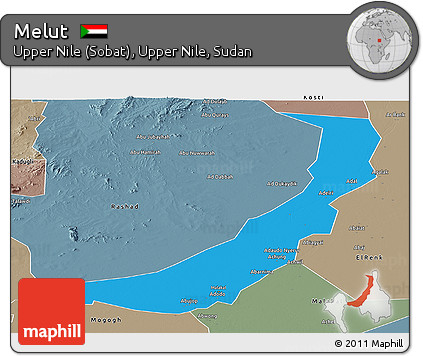 Political Panoramic Map of Melut, semi-desaturated