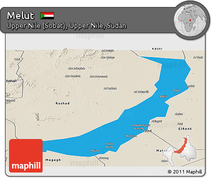 Political Panoramic Map of Melut, shaded relief outside