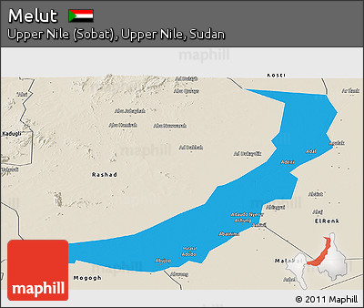 Political Panoramic Map of Melut, shaded relief outside