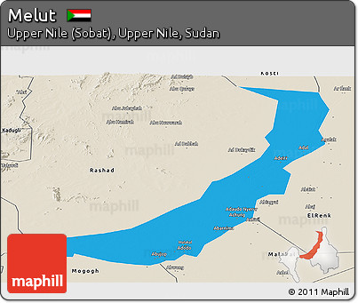 Political Panoramic Map of Melut, shaded relief outside