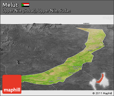 Satellite Panoramic Map of Melut, darken, desaturated
