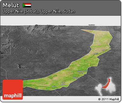 Satellite Panoramic Map of Melut, darken, desaturated