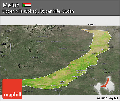 Satellite Panoramic Map of Melut, darken, semi-desaturated
