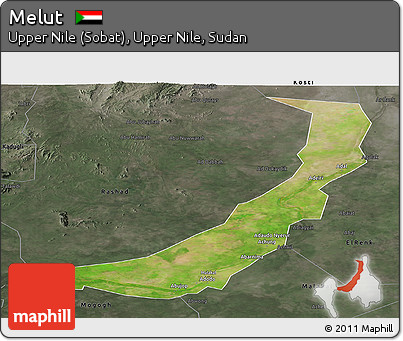 Satellite Panoramic Map of Melut, darken, semi-desaturated