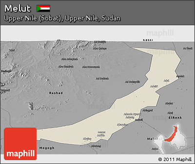 Shaded Relief Panoramic Map of Melut, darken, desaturated