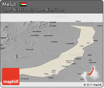 Shaded Relief Panoramic Map of Melut, darken, desaturated