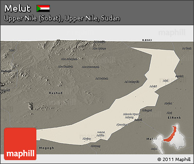Shaded Relief Panoramic Map of Melut, darken