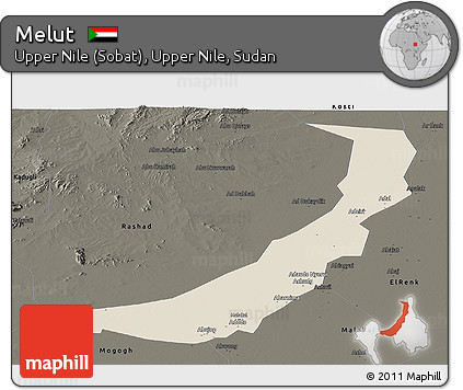 Shaded Relief Panoramic Map of Melut, darken