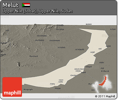Shaded Relief Panoramic Map of Melut, darken