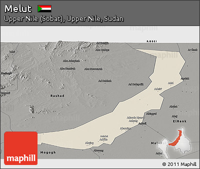 Shaded Relief Panoramic Map of Melut, darken, semi-desaturated