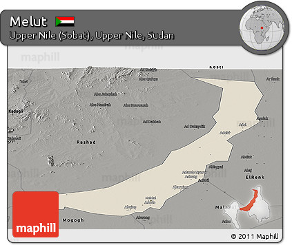 Shaded Relief Panoramic Map of Melut, darken, semi-desaturated