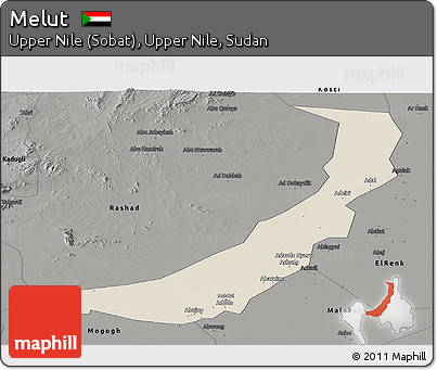Shaded Relief Panoramic Map of Melut, darken, semi-desaturated